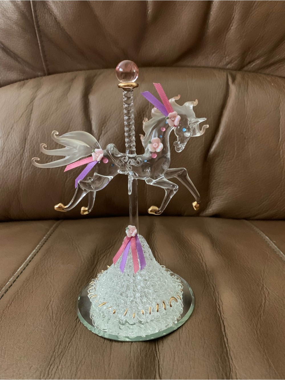 Glass Carousel Horse Jewelry Stand in Clear with Pink Accents